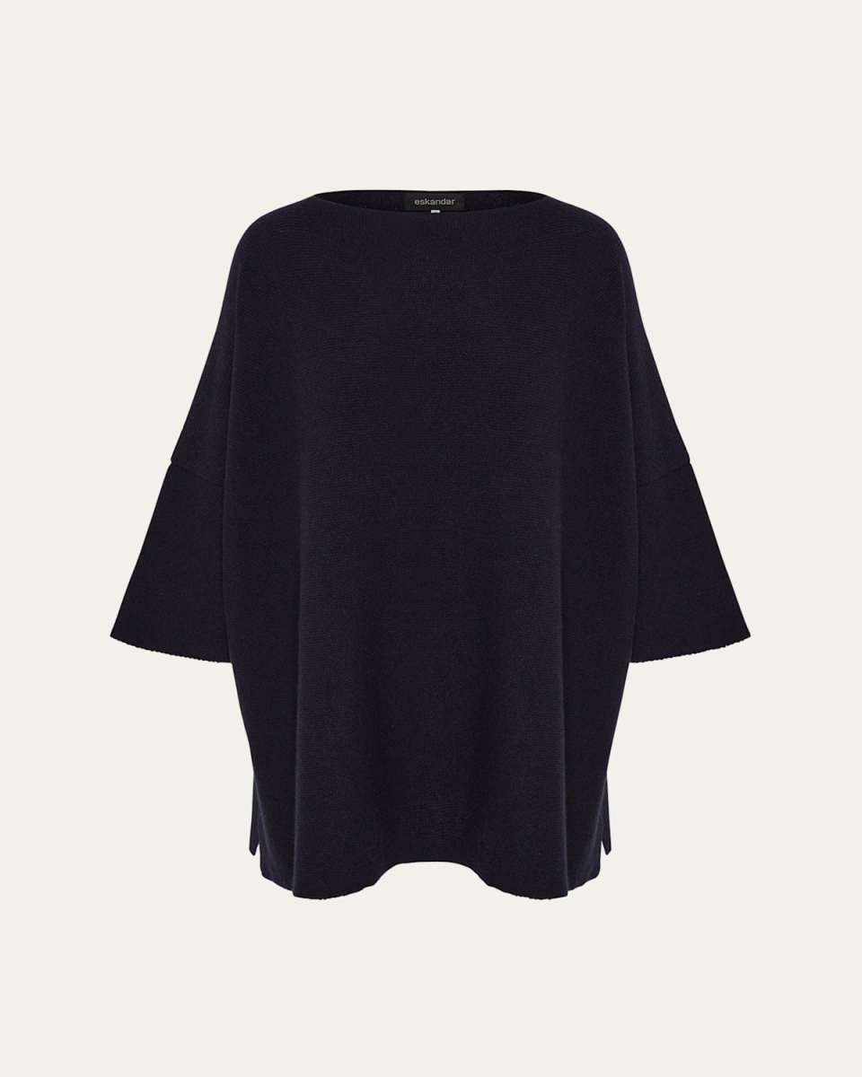 Slash-Neck 3/4-Sleeve Sweater With Slits (Long Plus Length)